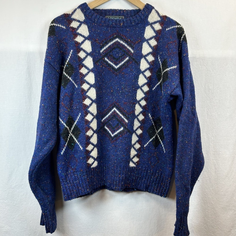 VTG Agenda Mens M Wool blend Blue‎ Geometric Colorful Speckled Knit Sweater